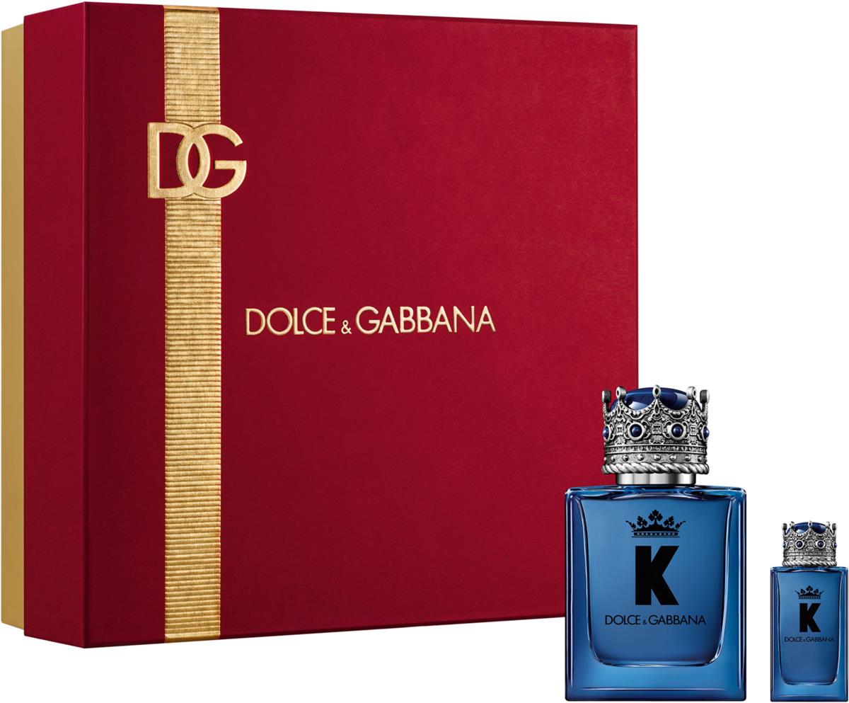Estuche original Dolce & Gabbana K Eau de Parfum 50 ml + 5 ml, caja roja y frascos azules