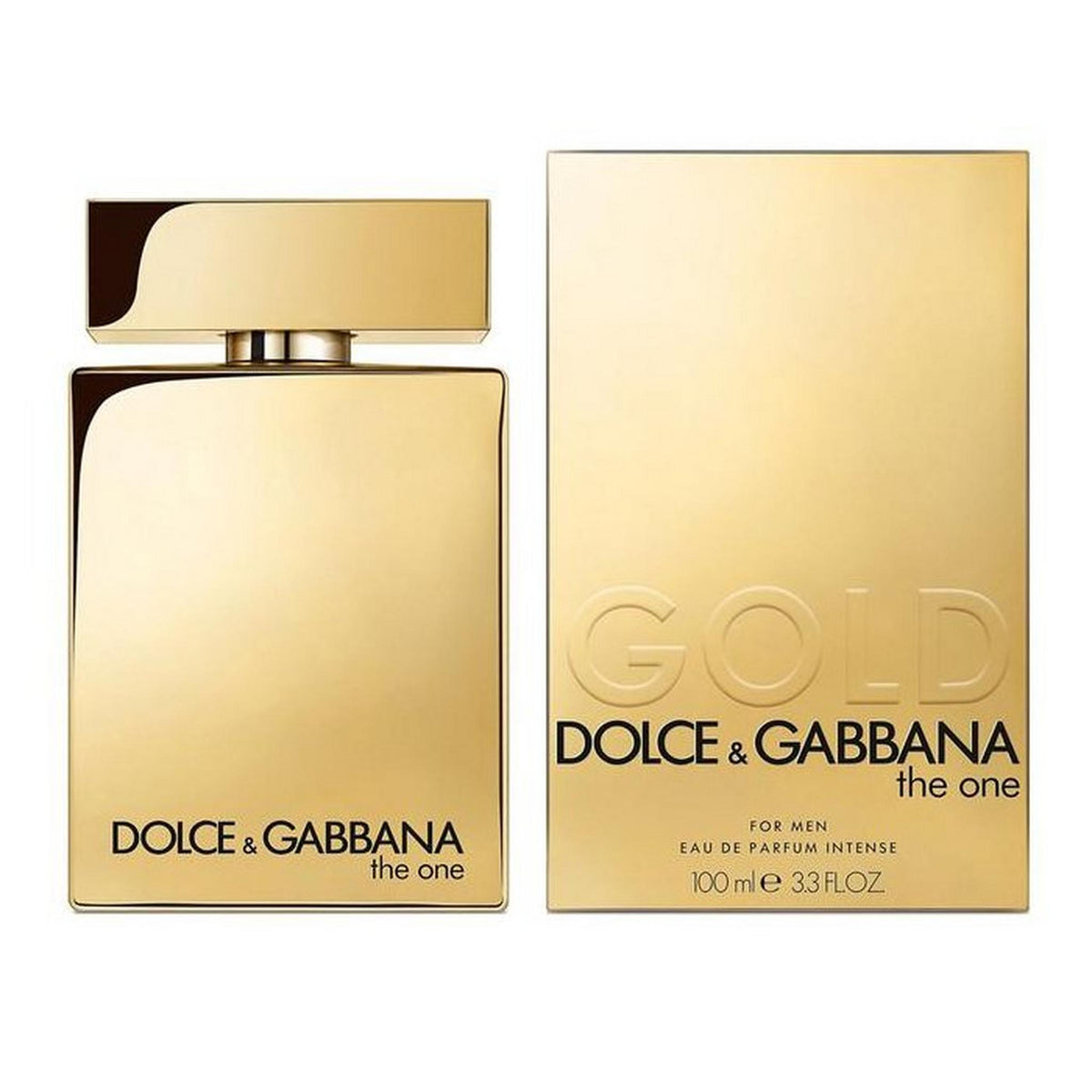 Dolce & Gabbana The One Gold Eau de Parfum Intense hombre 100 ml, caja y frasco sobre fondo blanco