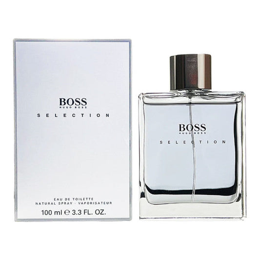 Hugo Boss Selection Eau de Toilette 100 ml, caja y frasco reales sobre fondo blanco